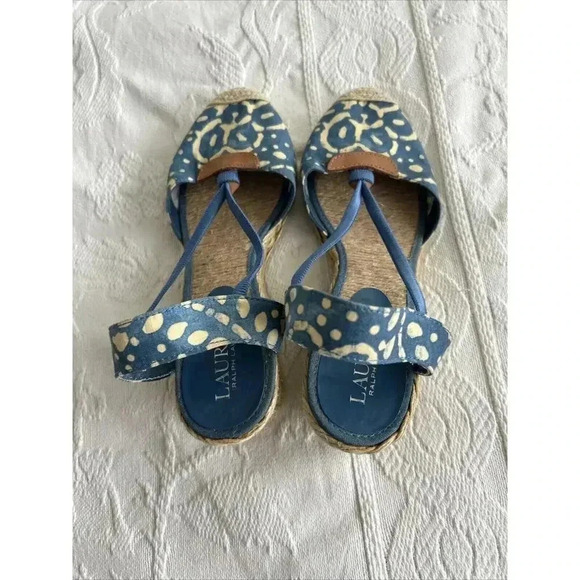 Lauren Ralph Lauren Cala Women’s 7.5 M Espadrille Shoes Wedges Heel Blue Beige - Picture 3 of 12